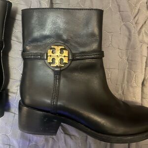 Tory Burch Black Ankle Booties with Gold Emblem